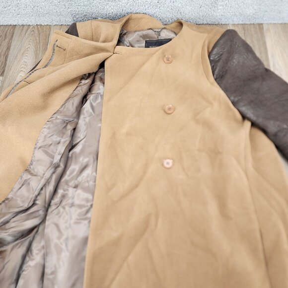 BCBGMAXAZRIA Womens Size Large Long Camel Coat With Brown Faux Leather Sleeves - Picture 3 of 13